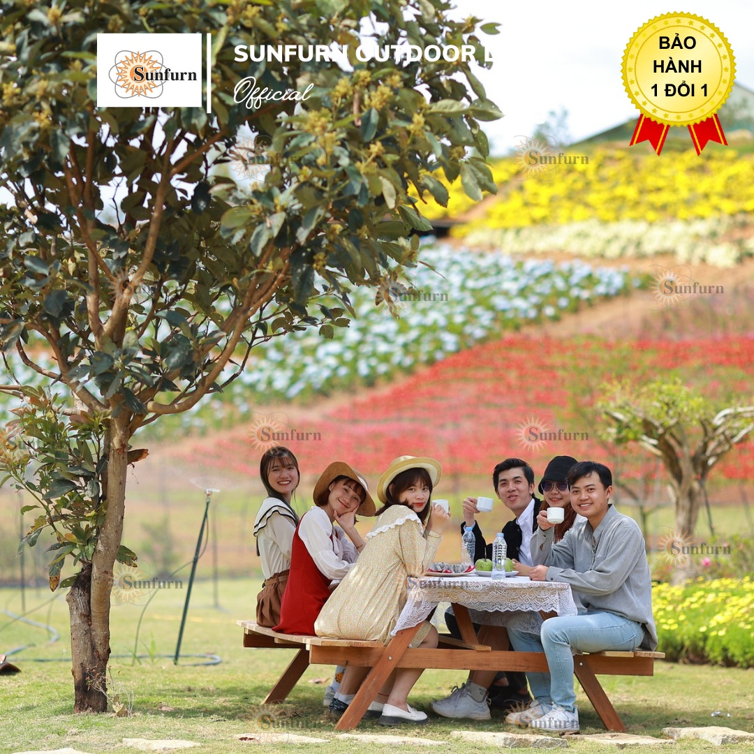 Bộ B&agrave;n Picnic Liền Ghế Gỗ Ch&ograve; Tự Nhi&ecirc;n SUNFURN - K&egrave;m D&ugrave; Gỗ S&acirc;n Vườn 3m, Chống Mối Mọt, Chịu Lực 350kg
