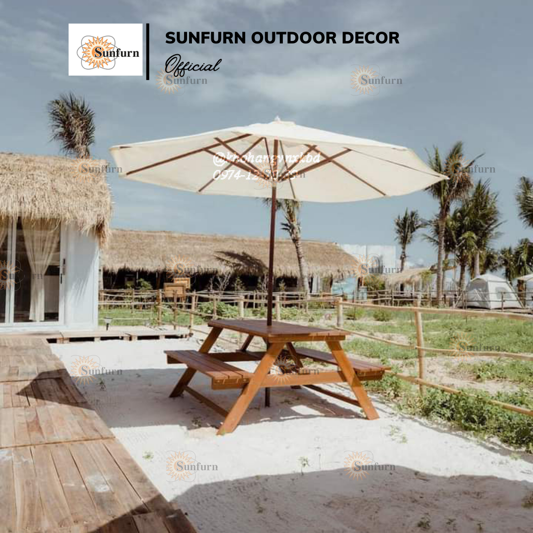 Bộ B&agrave;n Picnic Liền Ghế Gỗ Ch&ograve; Tự Nhi&ecirc;n SUNFURN - K&egrave;m D&ugrave; Gỗ S&acirc;n Vườn 3m, Chống Mối Mọt, Chịu Lực 350kg