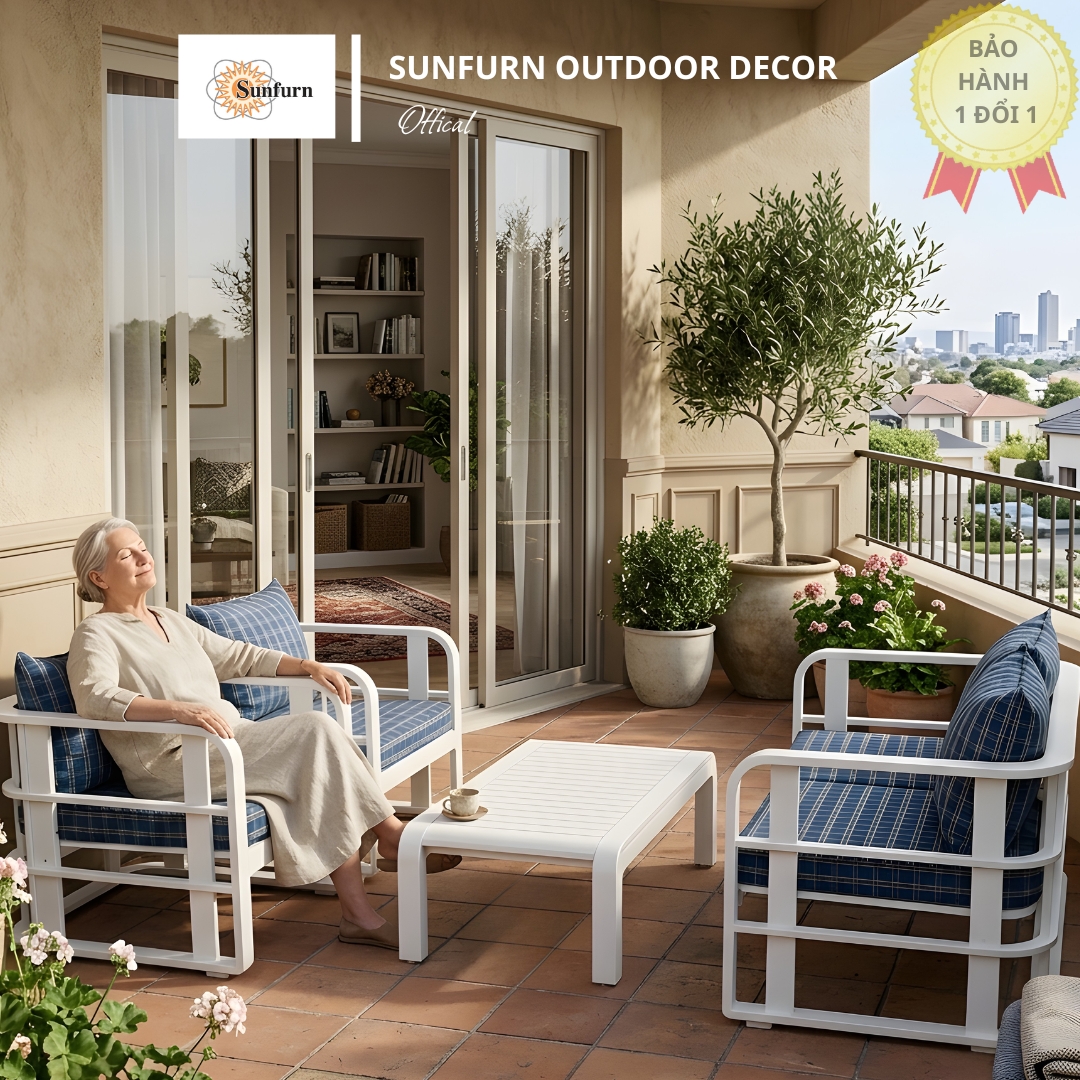 Bộ Sofa Bordauxep Khung Trắng SUNFURN (4 M&oacute;n Cao Cấp, Gỗ Tr&agrave;m Solid, Sơn PU Chống Thấm, Thiết Kế Đẳng Cấp Cho S&acirc;n Vườn, Biệt Thự)