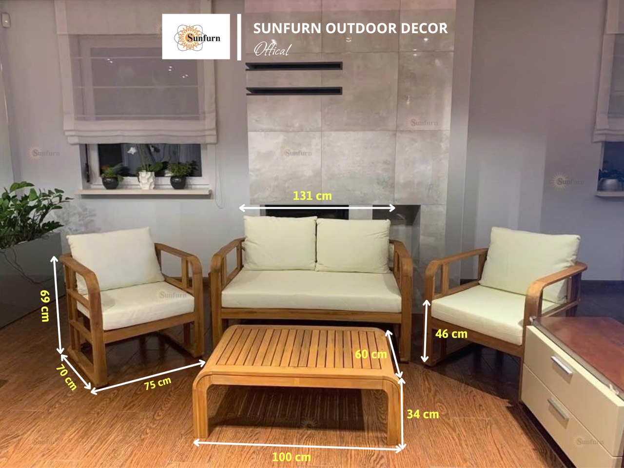 Bộ Sofa Bordauxep Khung Gỗ Tràm SUNFURN (4 Món Cao Cấp Lau Dầu Tự Nhiên Cho Sân Vườn Biệt Thự) | Nội ngoại thất Sunfurn Dĩ An