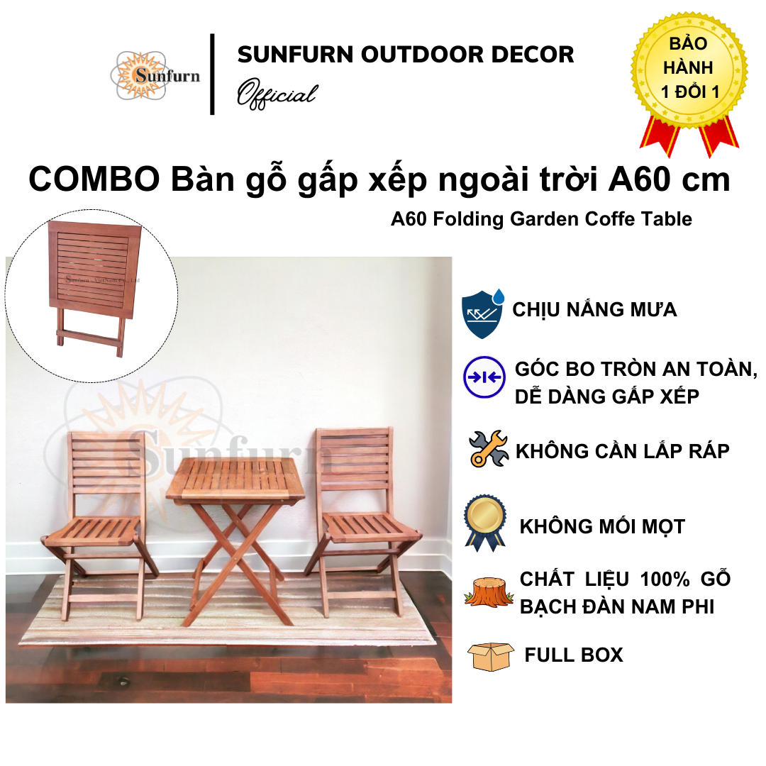 Bàn Gỗ Vuông Gấp Gọn SUNFURN 60cm - Gỗ Bạch Đàn Nam Phi, Bàn Cafe Sân Vườn Ban Công Ngoài Trời Cao Cấp