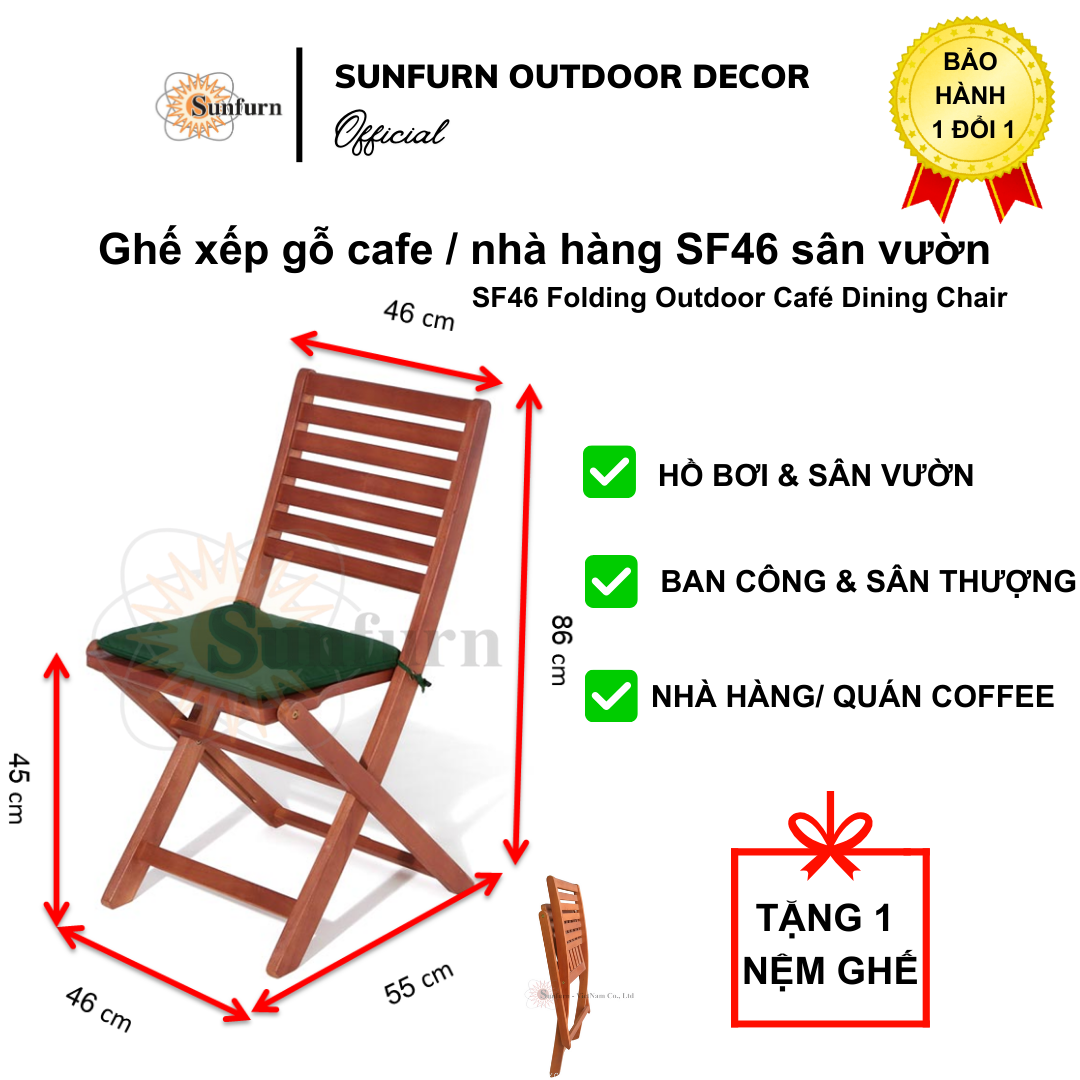 Ghế Xếp Gỗ SUNFURN SF46 (TẶNG K&Egrave;M NỆM M&Agrave;U XANH L&Aacute;) - Gỗ Bạch Đ&agrave;n Nam Phi NK, d&ugrave;ng Cho S&acirc;n Vườn, Cafe, Ban C&ocirc;ng