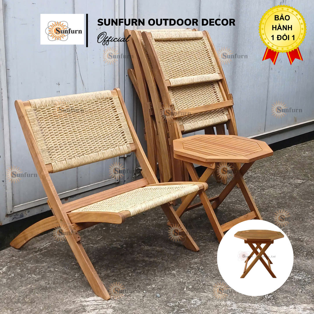 Combo B&agrave;n Ghế Mini S&acirc;n Vườn SF5360 SUNFURN (B&agrave;n Xếp B&aacute;t Gi&aacute;c 53cm + Ghế Gỗ Đan D&acirc;y 60cm) - Bộ B&agrave;n Ghế Gấp Xếp Nhỏ Gọn Ngo&agrave;i Trời