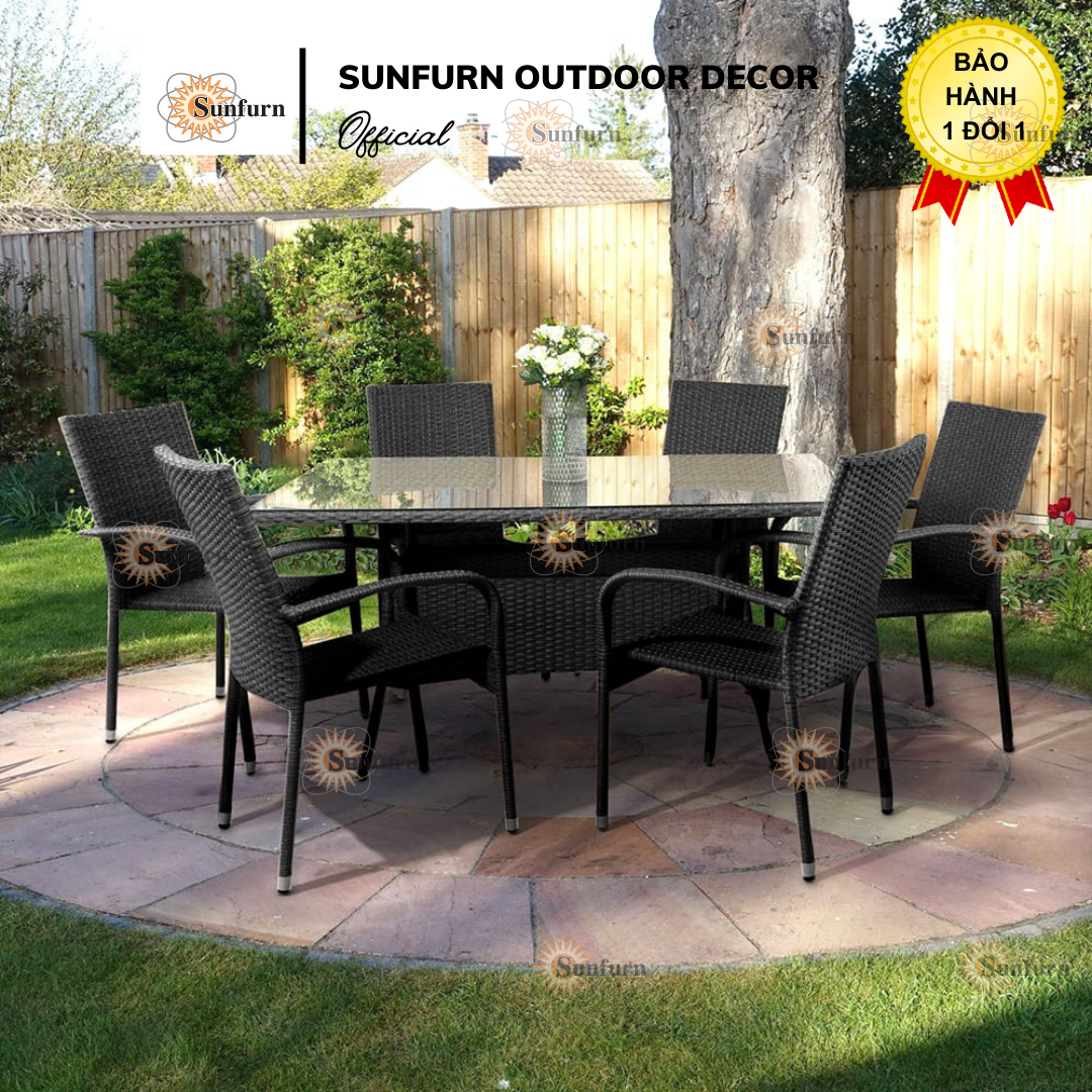 Combo B&agrave;n Ghế Nh&agrave; H&agrave;ng S&acirc;n Vườn B201 SUNFURN (1 B&agrave;n Mặt K&iacute;nh Đan D&acirc;y 150cm + 6 Ghế Stacking X&aacute;m Đan D&acirc;y) 