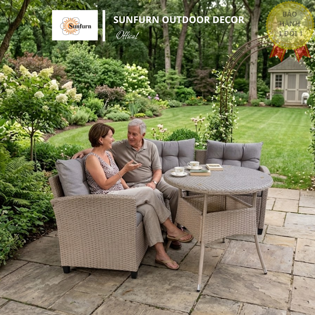 Bộ Sofa Chữ C SUNFURN - Khung Sắt Sơn Tĩnh Điện, Đan D&acirc;y M&acirc;y Nhựa X&aacute;m